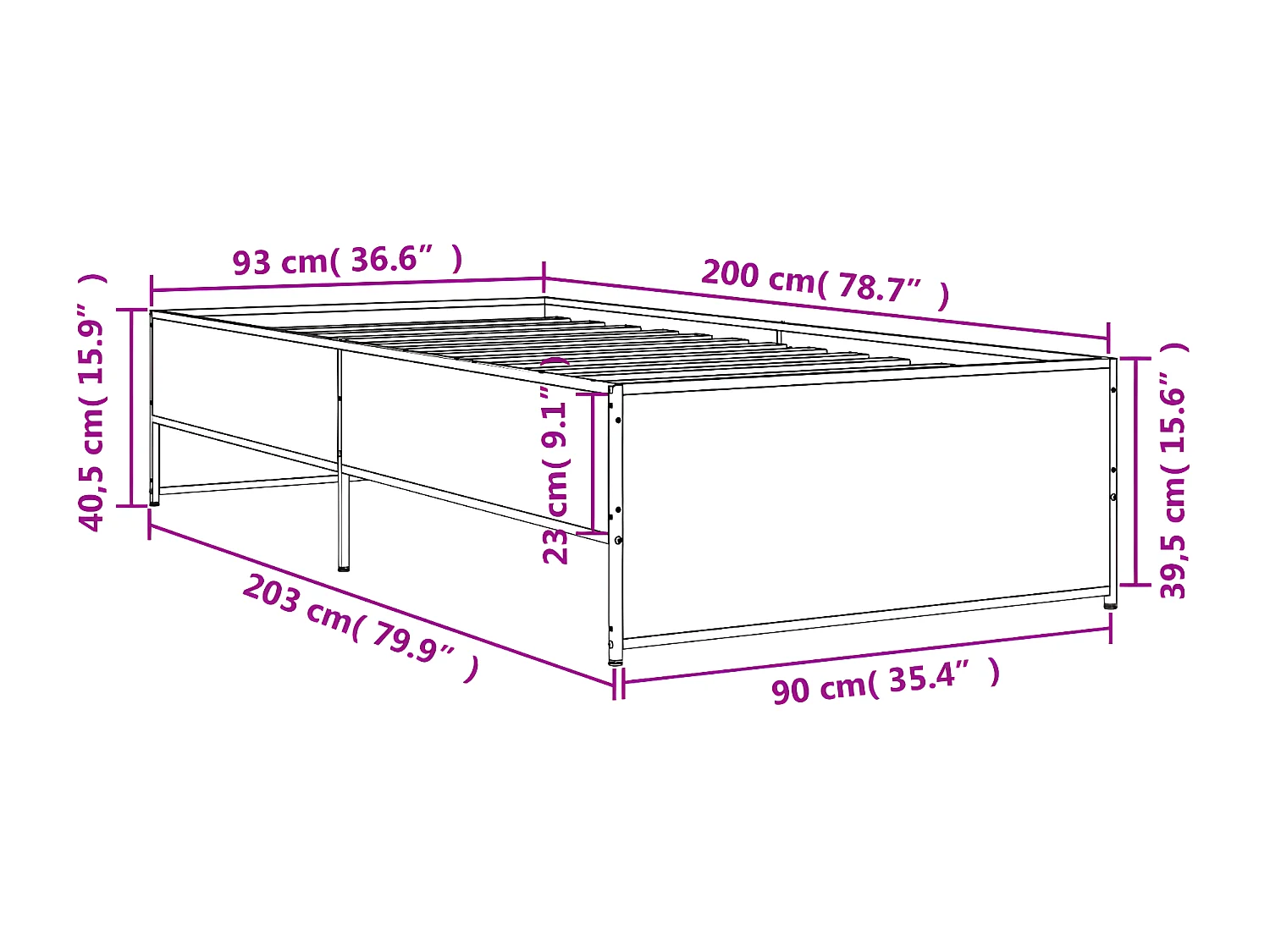 Cadre de lit chêne fumé 90x200 bois d'ingénierie et métal