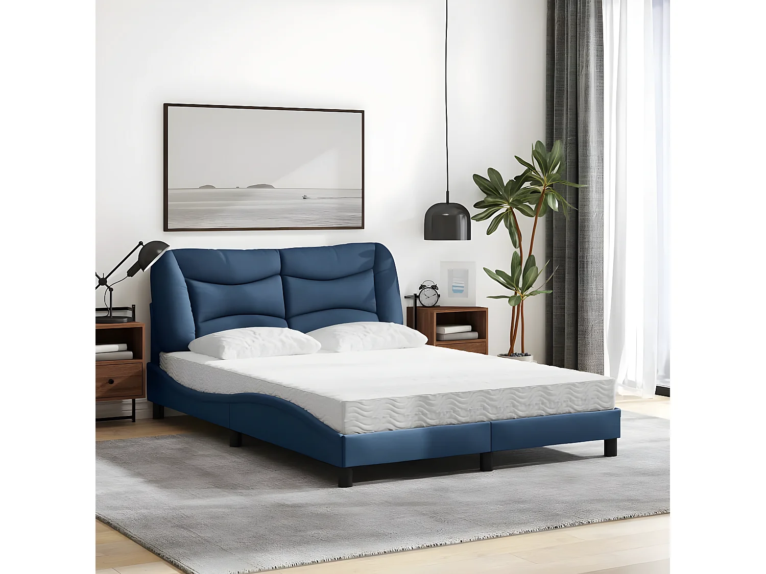 Lit avec matelas bleu 140x200 tissu