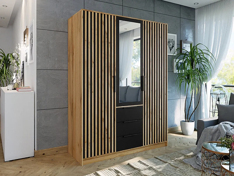 Armario Enolevo 101, Roble wotan|Negro, 200x150x58cm, Puertas de armario: Con bisagras