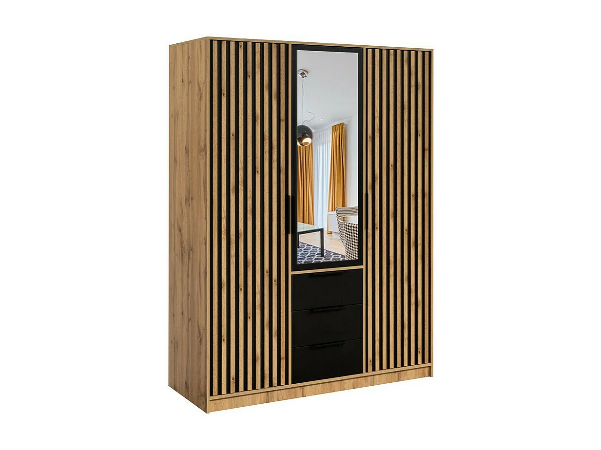 Armario Enolevo 101, Roble wotan|Negro, 200x150x58cm, Puertas de armario: Con bisagras