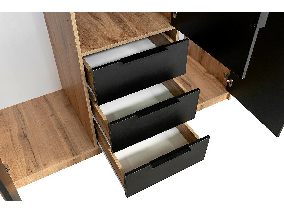Armario Enolevo 101, Roble wotan|Negro, 200x150x58cm, Puertas de armario: Con bisagras