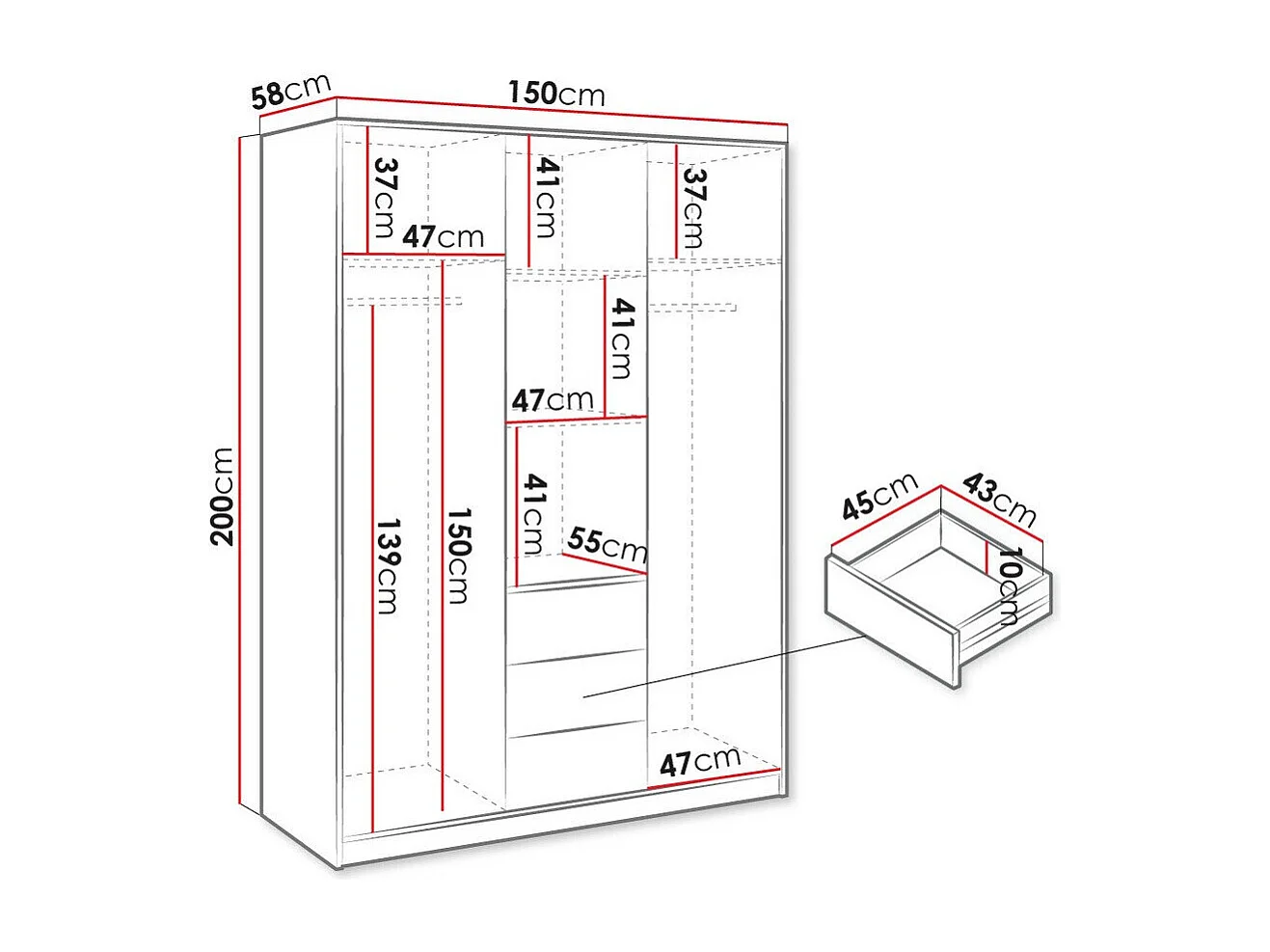 Armario Enolevo 101, Roble wotan|Negro, 200x150x58cm, Puertas de armario: Con bisagras