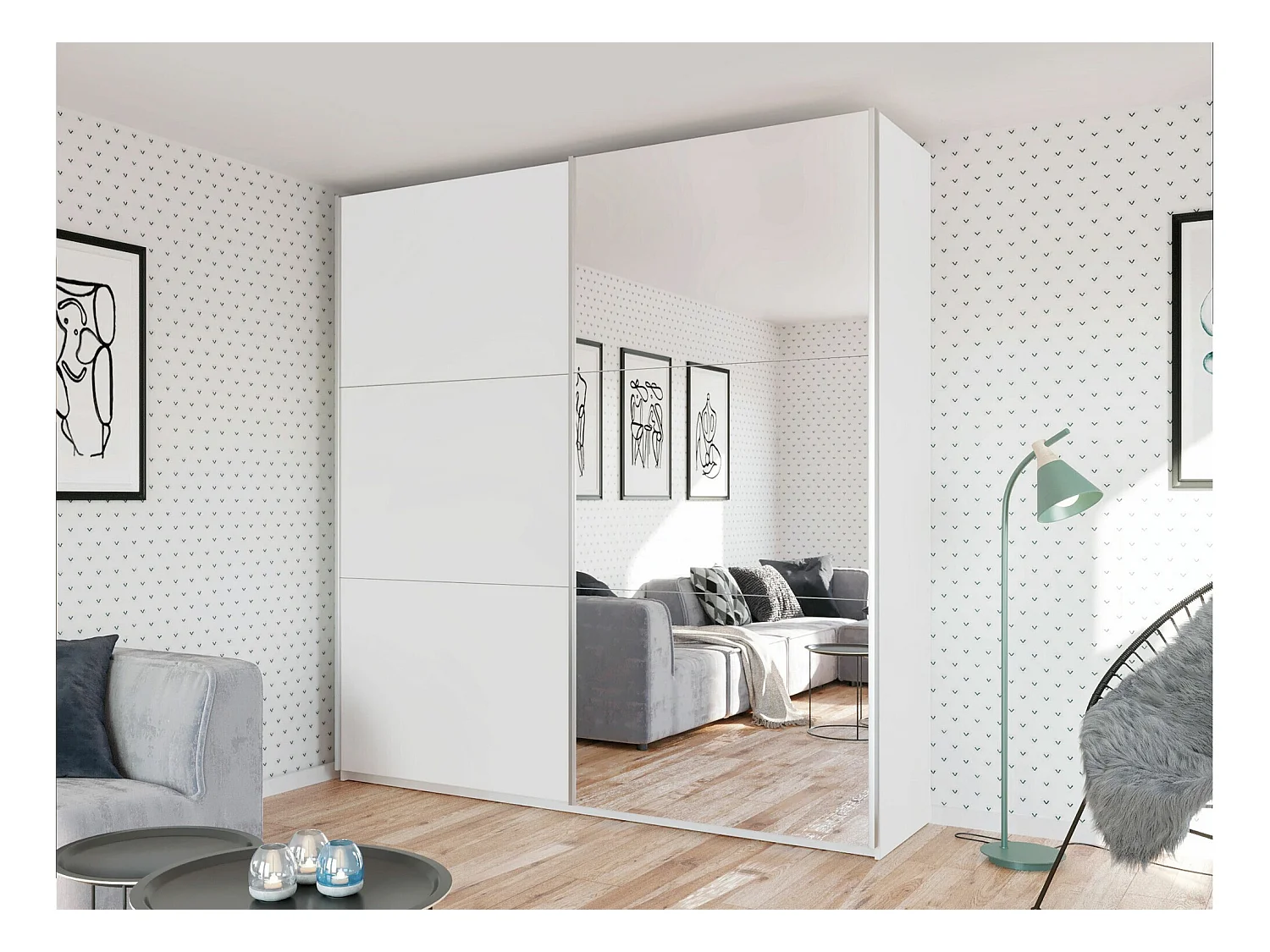 Armoire Honolulu 232, Blanc, 244x225x65cm, Portes d'armoire: Coulissantes