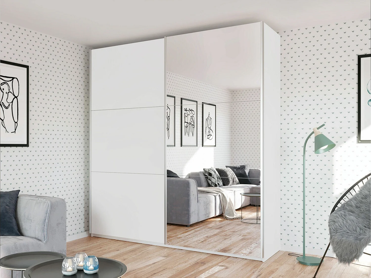 Armario Honolulu 232, Blanco, 244x225x65cm, Puertas de armario: Correderas