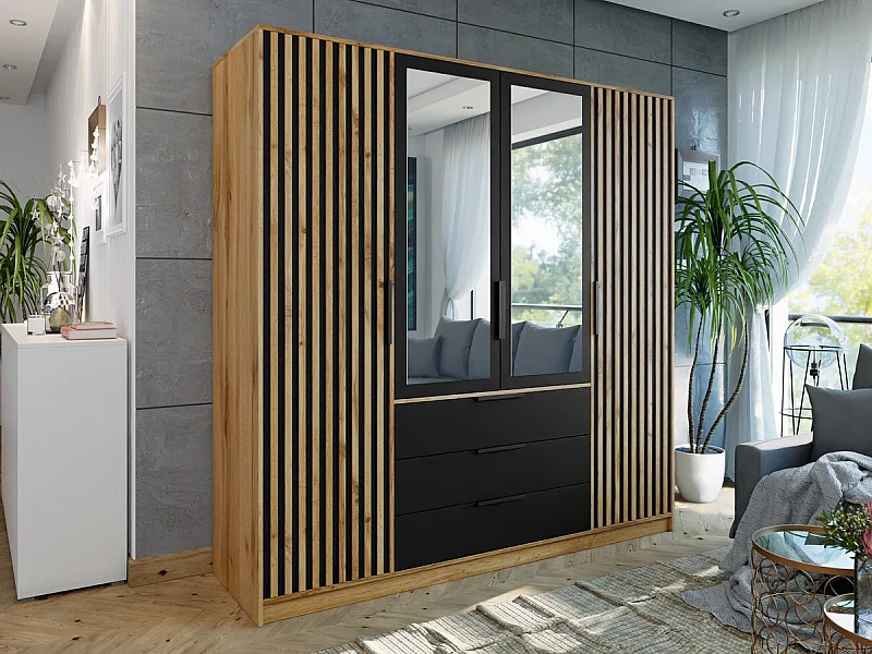 Armario Enolevo 102, Roble wotan|Negro, 200x196x58cm, Puertas de armario: Con bisagras