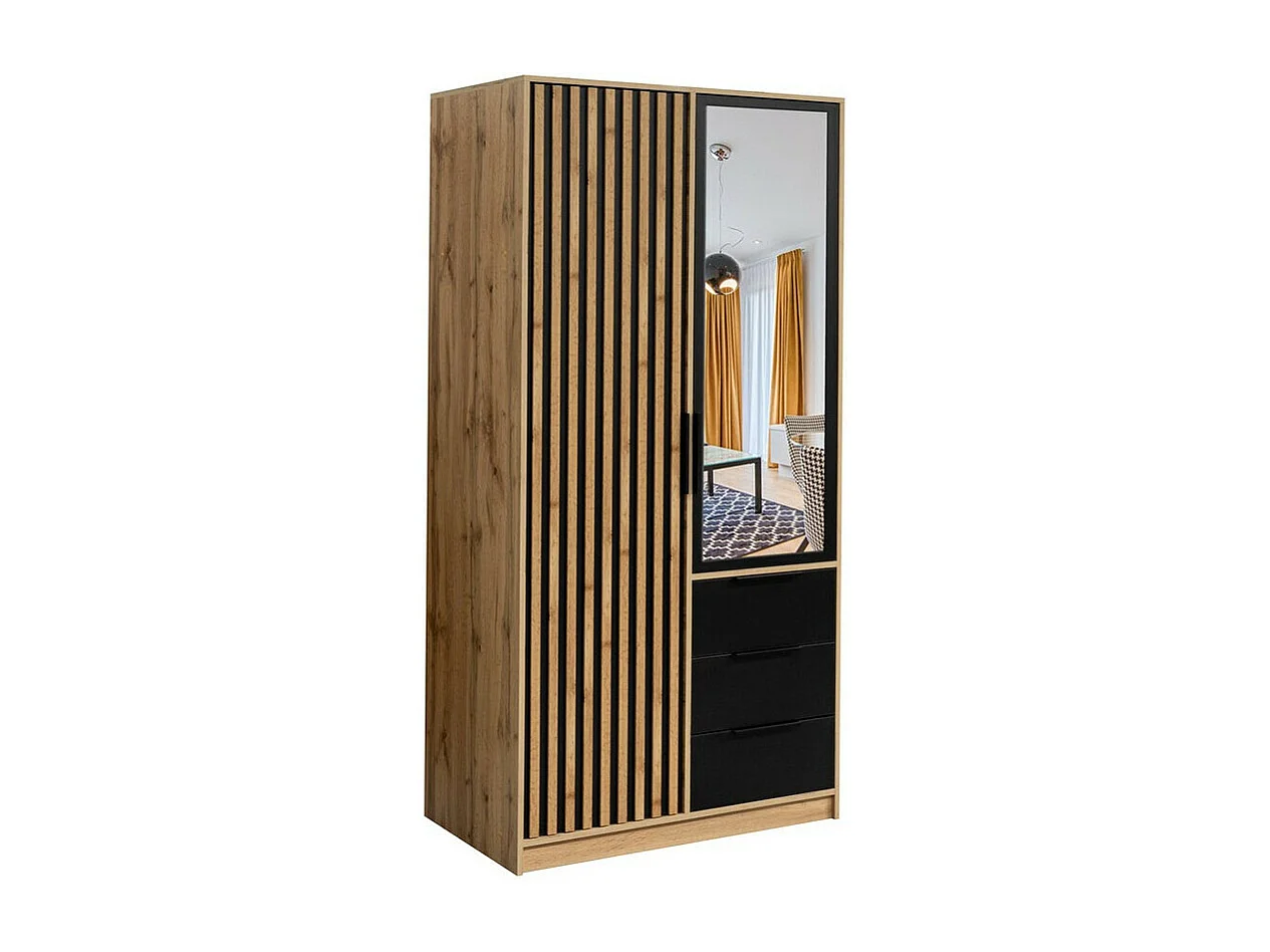 Armario Enolevo 100, Roble wotan|Negro, 200x100x58cm, Puertas de armario: Con bisagras