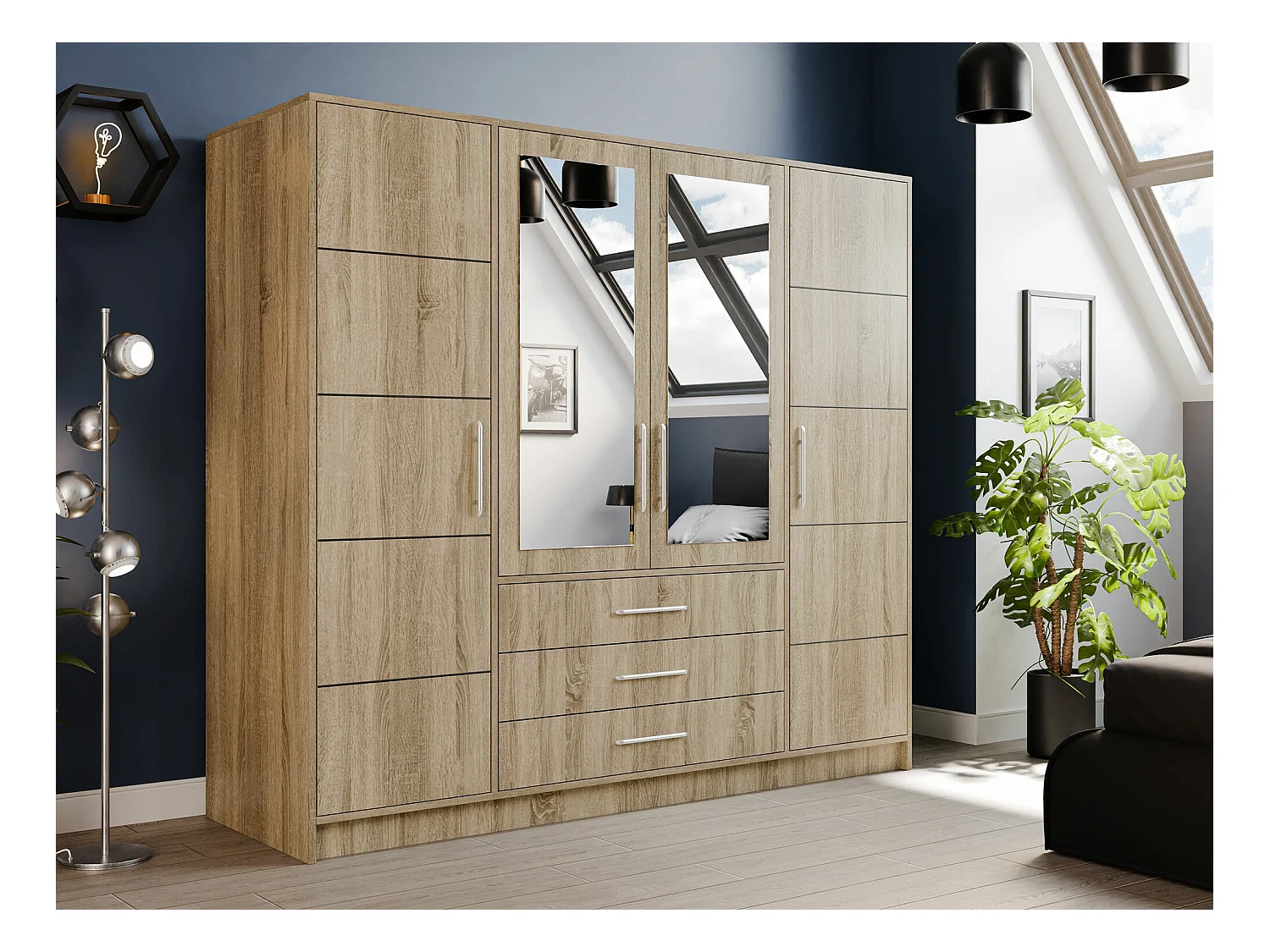 Armoire Dortivu 113, Sonoma chêne, 200x196x58cm, Portes d'armoire: Avec des charnières