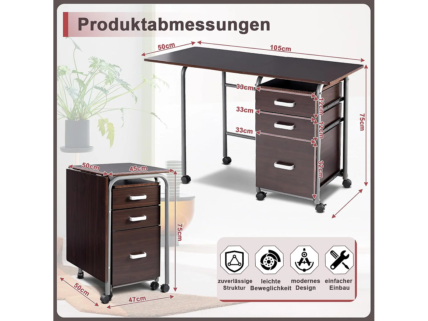 Klappbarer Computertisch Rollender Bürotisch mit Metallrahmen 105 x 50 x 75 cm Braun