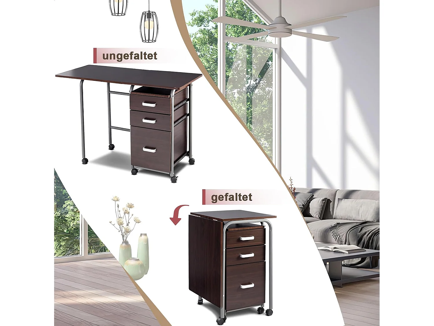 Klappbarer Computertisch Rollender Bürotisch mit Metallrahmen 105 x 50 x 75 cm Braun