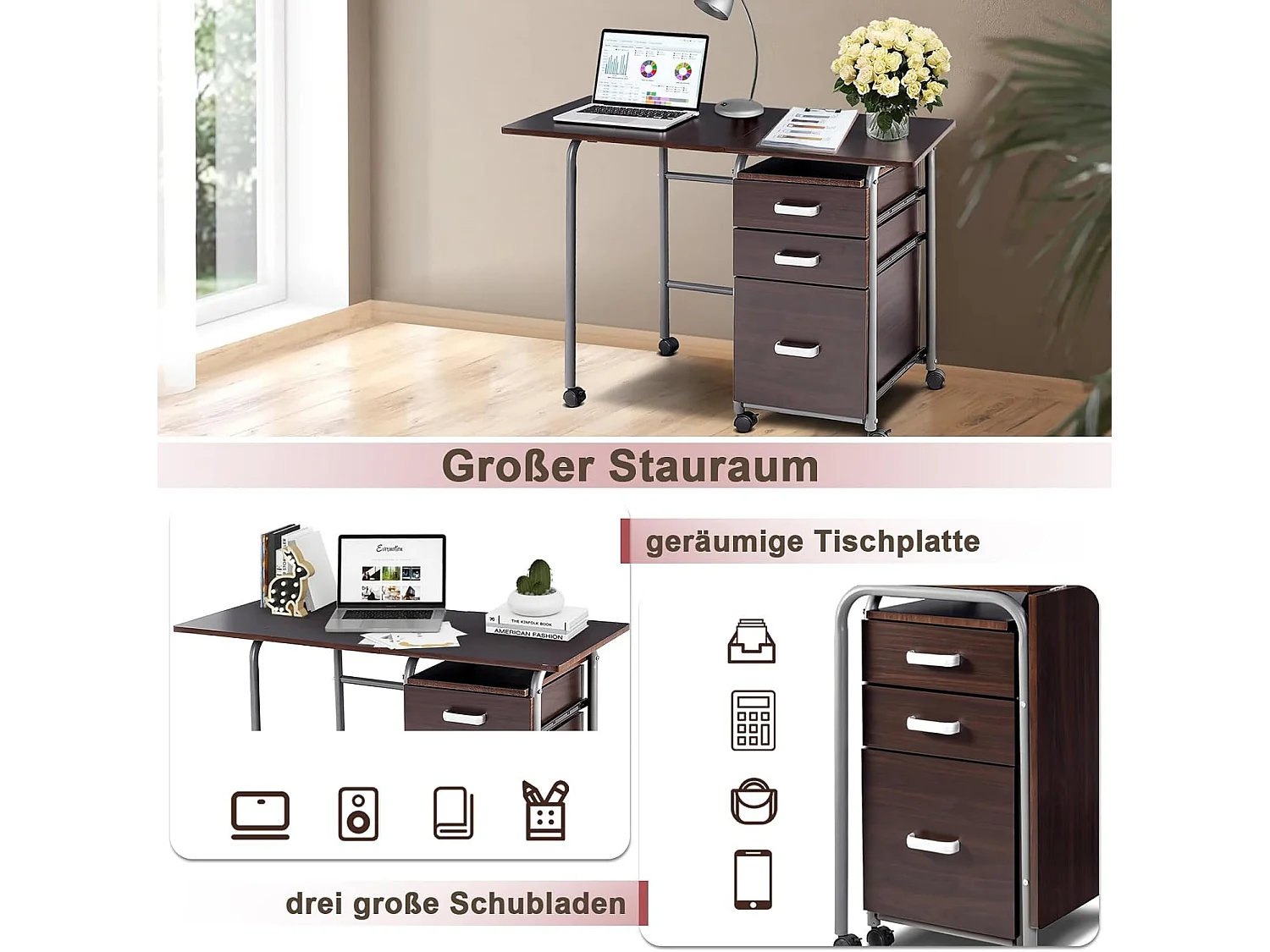 Klappbarer Computertisch Rollender Bürotisch mit Metallrahmen 105 x 50 x 75 cm Braun