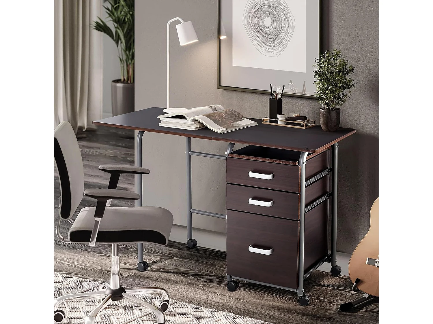 Scrivania pieghevole con 3 cassetti portaoggetti ruote bloccabili, Tavolo da scrittura struttura in metallo Marrone