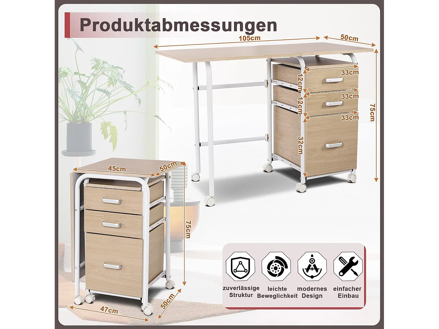 Klappbarer Computertisch mit 3 Schubladen Schreibtisch 105 x 50 x 75 cm Natur