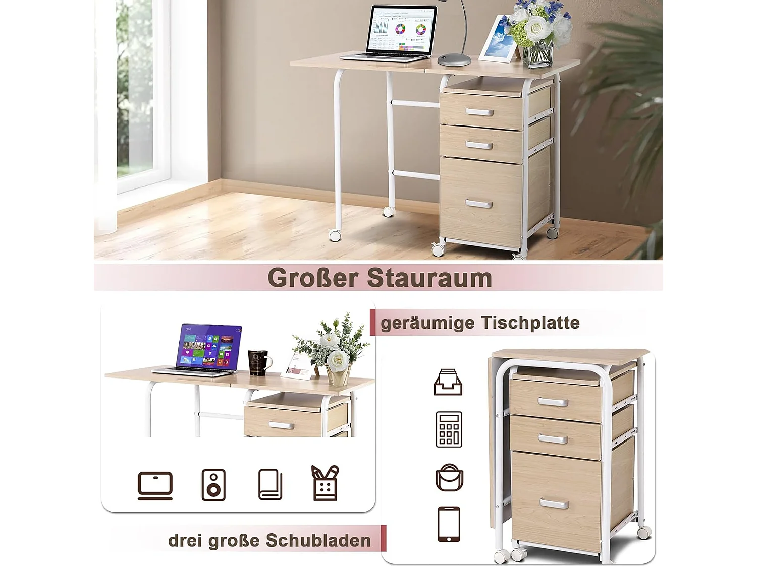 Klappbarer Computertisch mit 3 Schubladen Schreibtisch 105 x 50 x 75 cm Natur