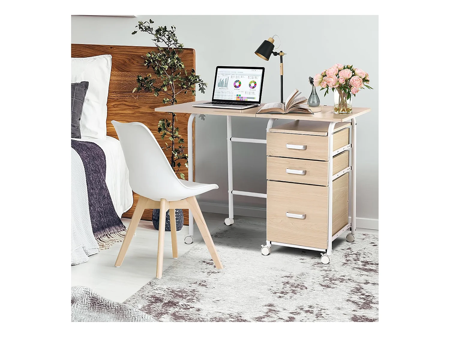 Bureau Pliable avec 3 Tiroirs Table D'écriture Roues Verrouillables avec Cadre en Métal pour Dortoir Appartement Naturel
