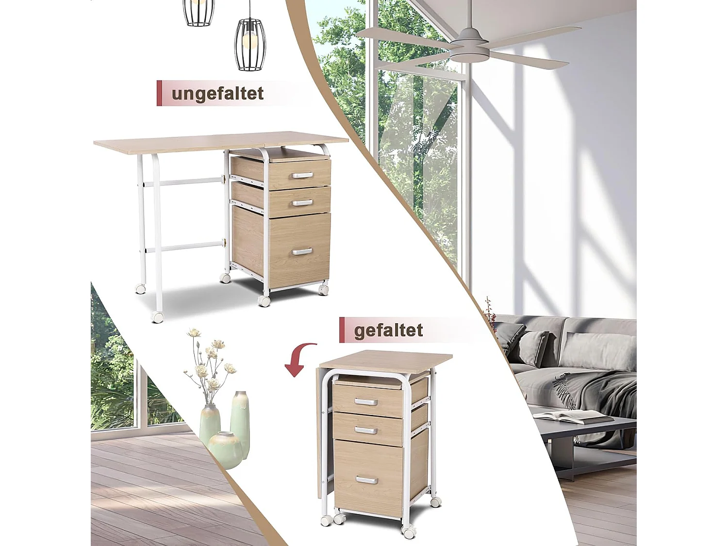 Klappbarer Computertisch mit 3 Schubladen Schreibtisch 105 x 50 x 75 cm Natur