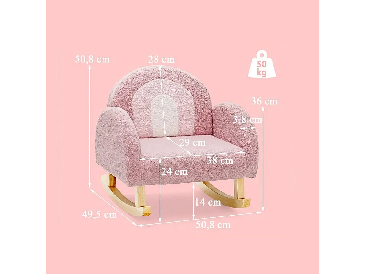 Sedia dondolo per bambini con gambe in legno massiccio e cuscinetti antiscivolo, Poltrona a dondolo Rosa