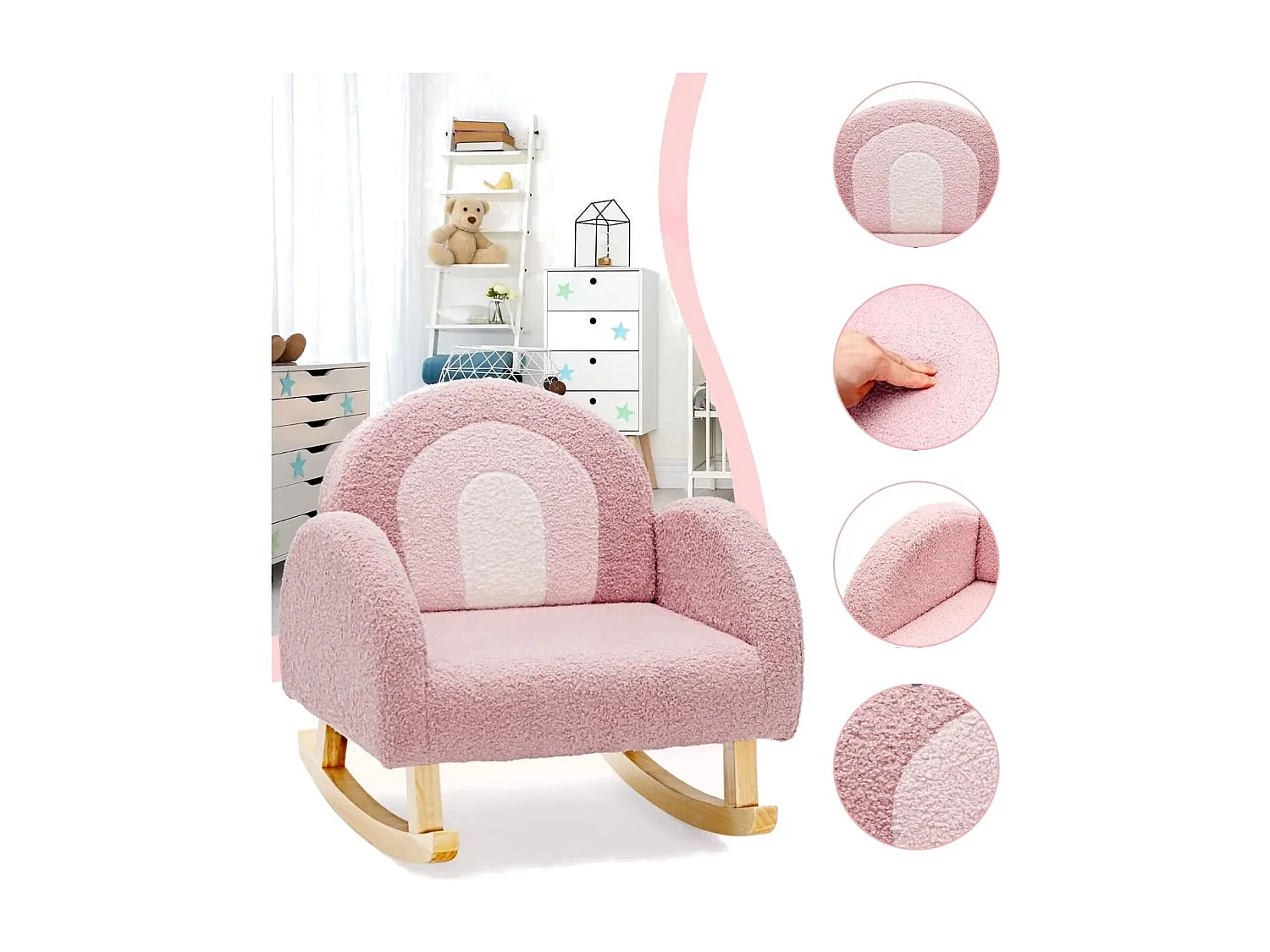 Sedia dondolo per bambini con gambe in legno massiccio e cuscinetti antiscivolo, Poltrona a dondolo Rosa