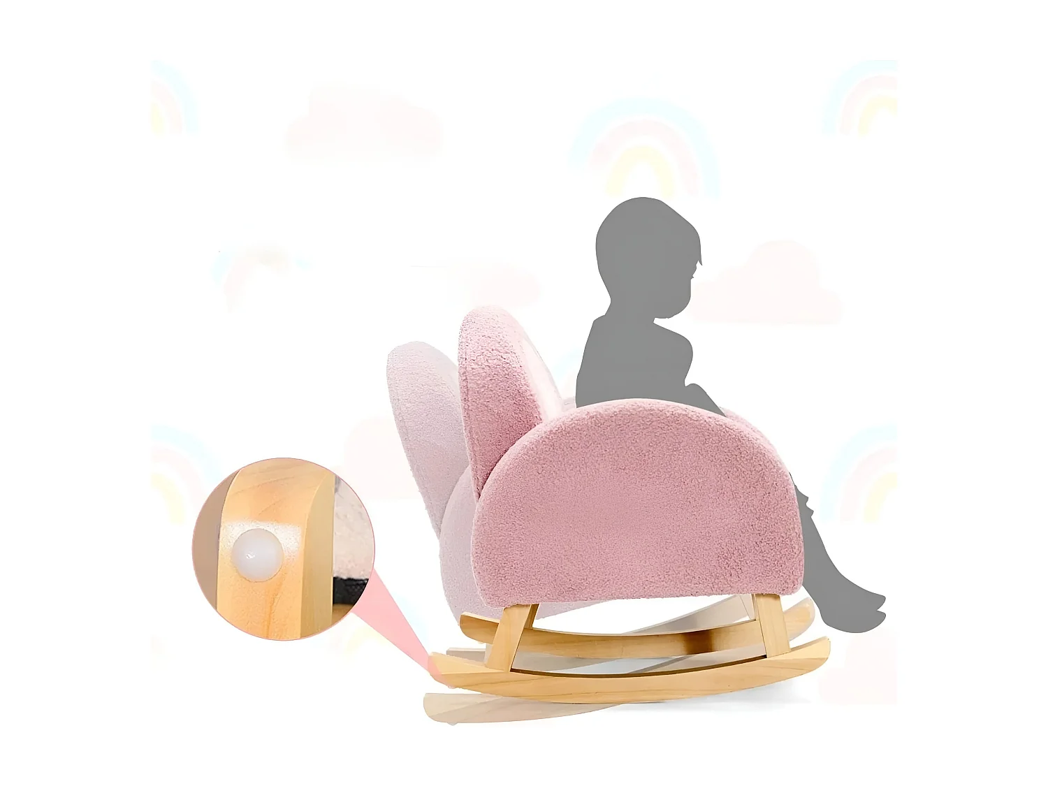 Sedia dondolo per bambini con gambe in legno massiccio e cuscinetti antiscivolo, Poltrona a dondolo Rosa