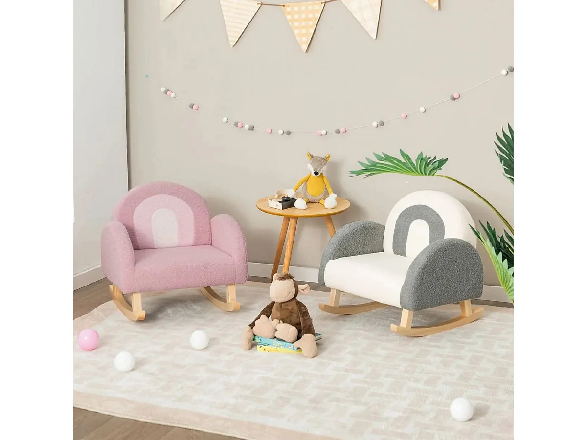Sedia dondolo per bambini con gambe in legno massiccio e cuscinetti antiscivolo, Poltrona a dondolo Rosa