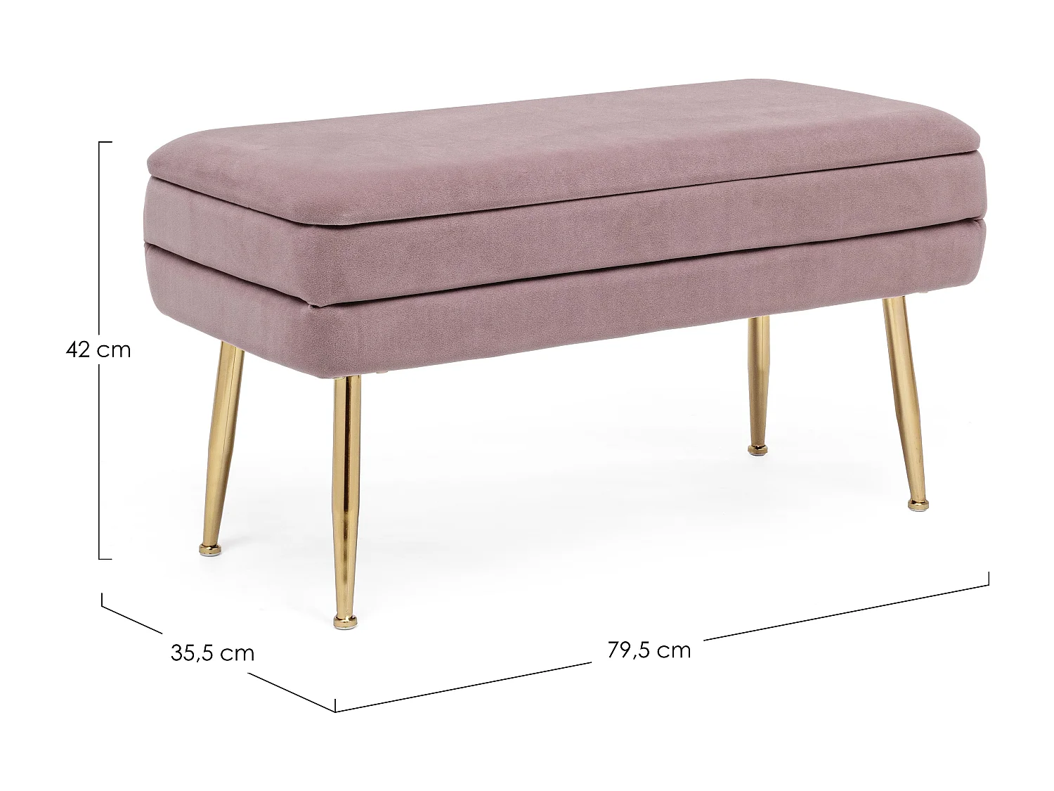 Banc coffre en velours sur pieds acier doré Pakia-Couleur Rose poudré