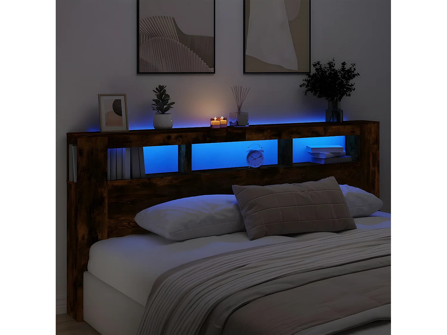 Tête de lit à LED chêne fumé 220x18,5x103,5 bois d'ingénierie