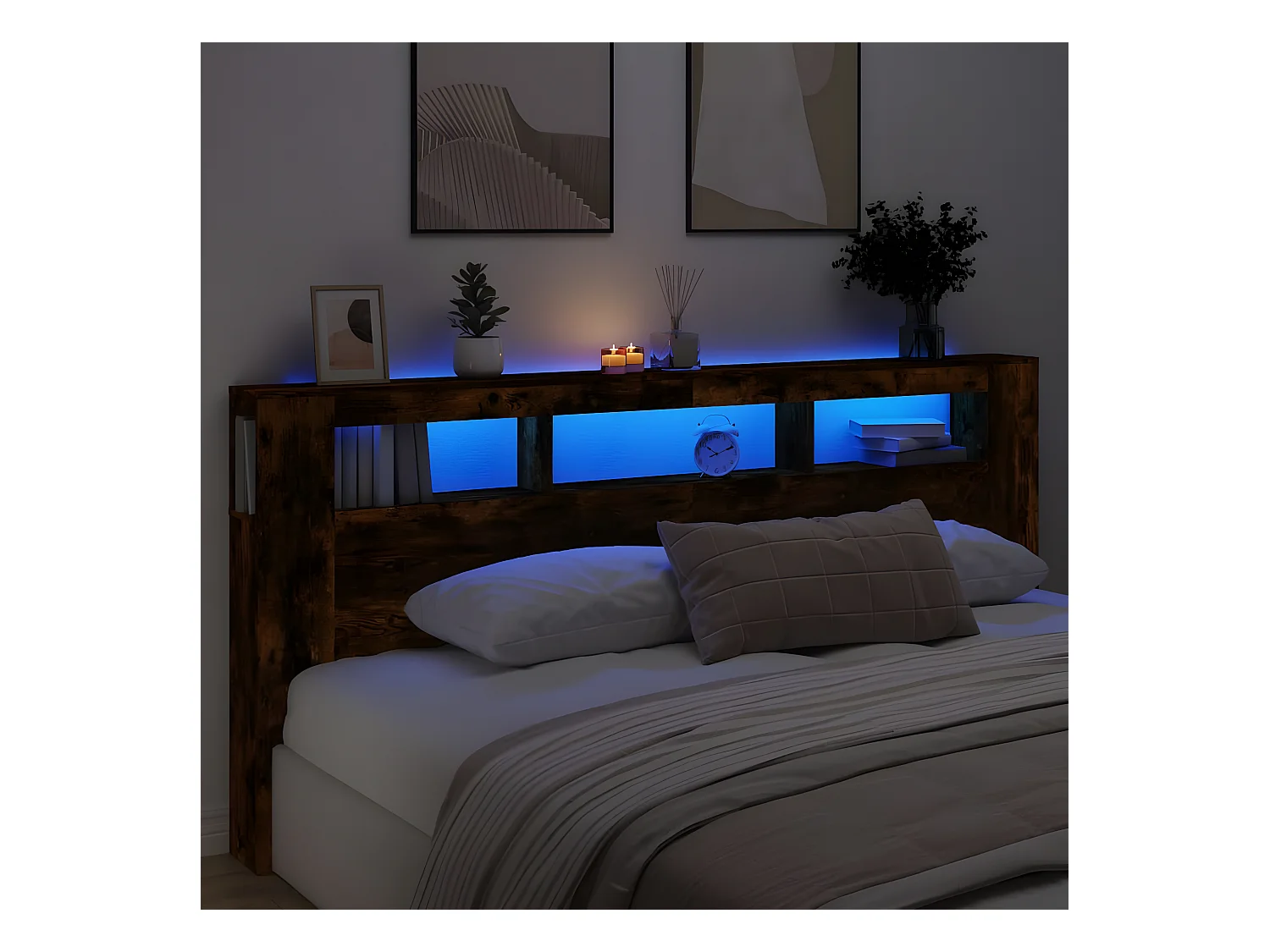 Tête de lit à LED chêne fumé 220x18,5x103,5 bois d'ingénierie