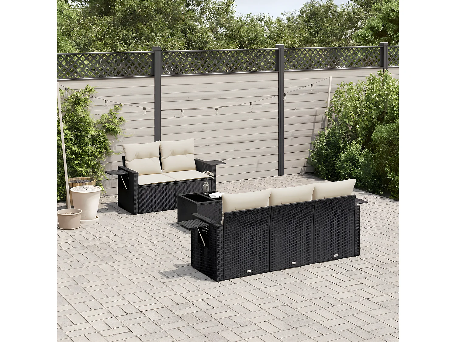 Salon de jardin 6 pcs avec coussins noir résine tressée