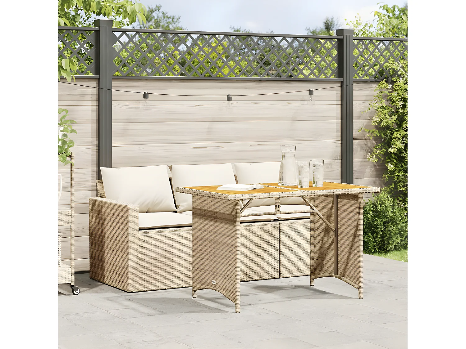 Ensemble à manger de jardin et coussins 2 pcs beige poly rotin