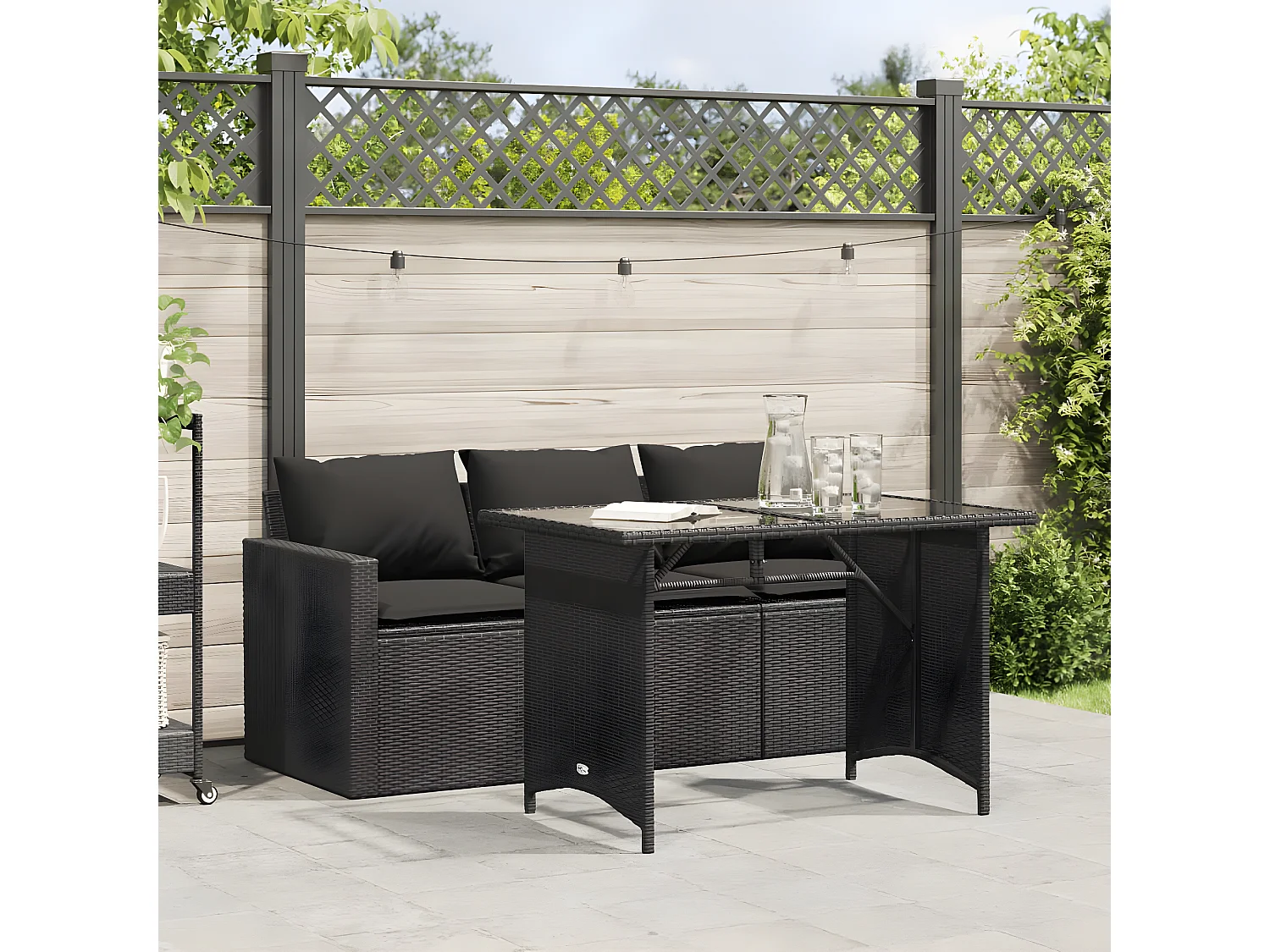 Ensemble à manger de jardin coussins 2pcs noir résine tressée