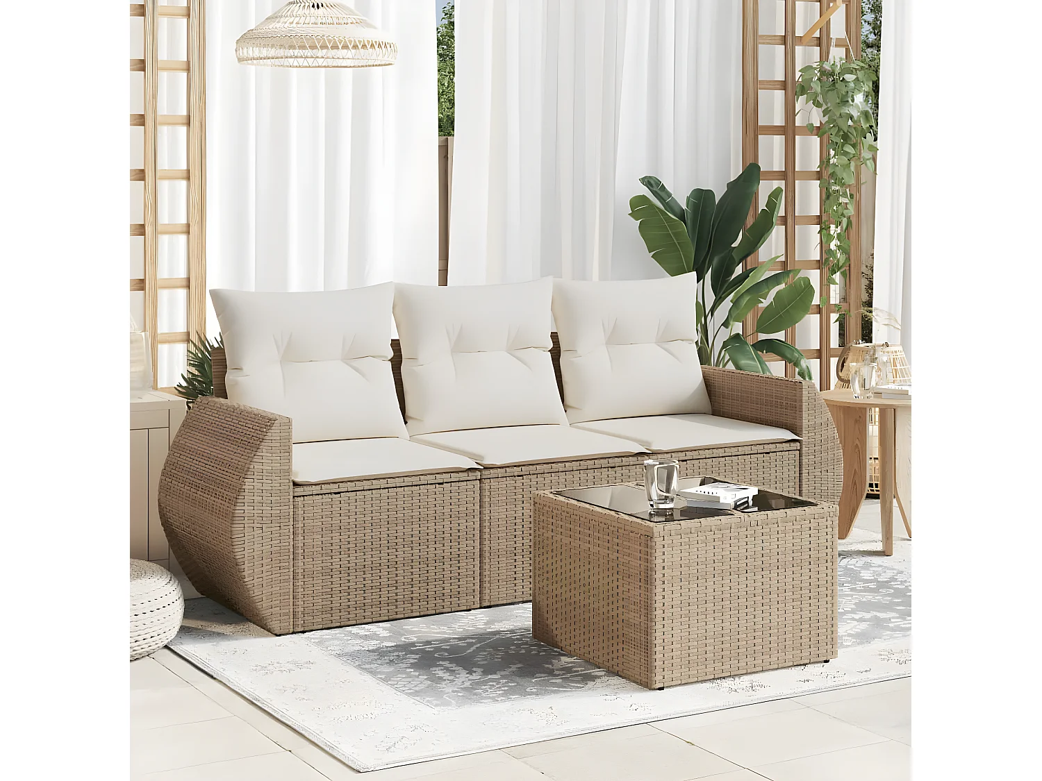 Salon de jardin avec coussins 4 pcs beige résine tressée