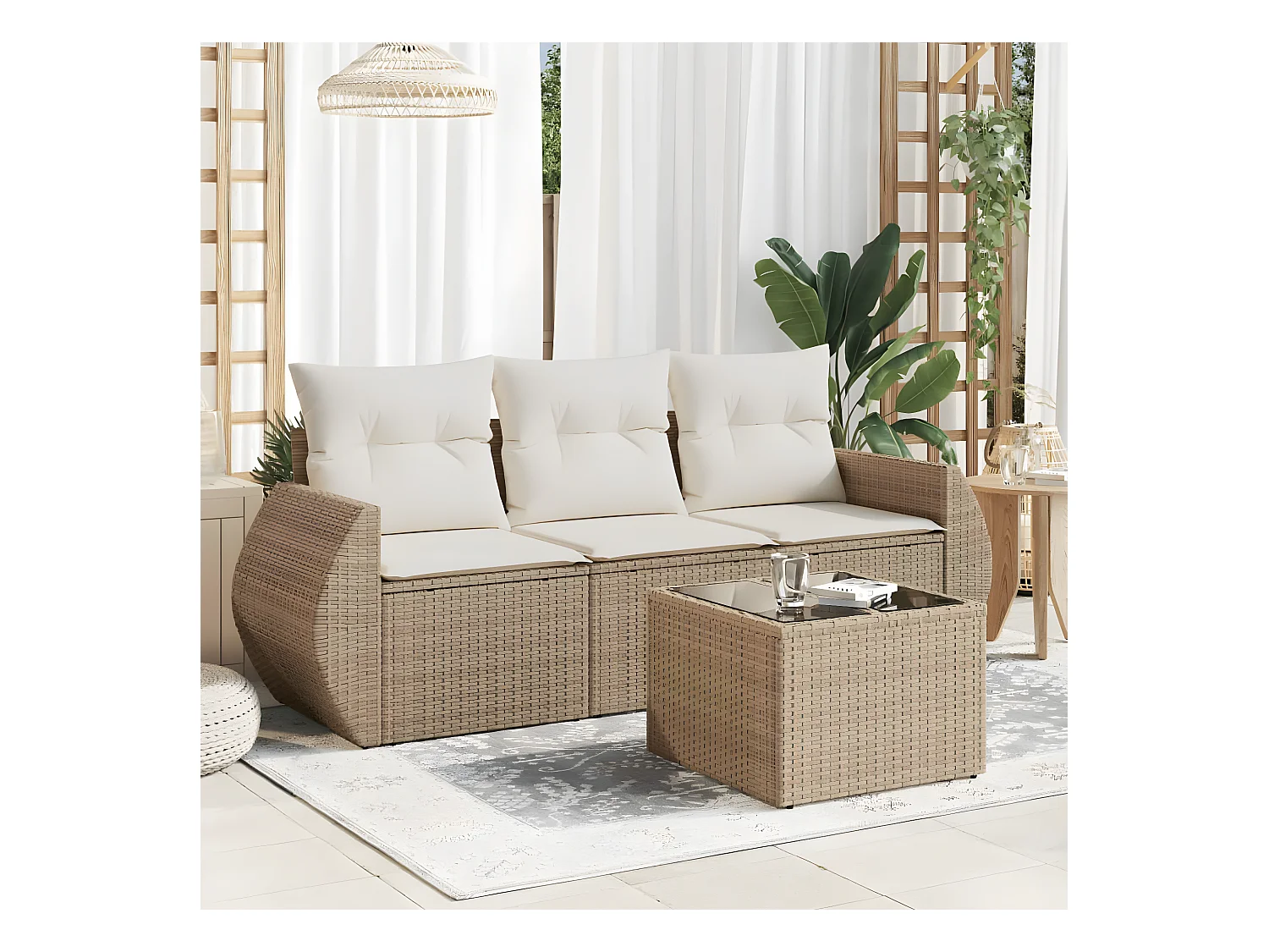Salon de jardin avec coussins 4 pcs beige résine tressée
