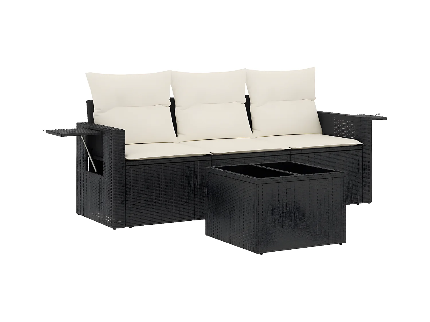 Salon de jardin 4 pcs avec coussins noir résine tressée