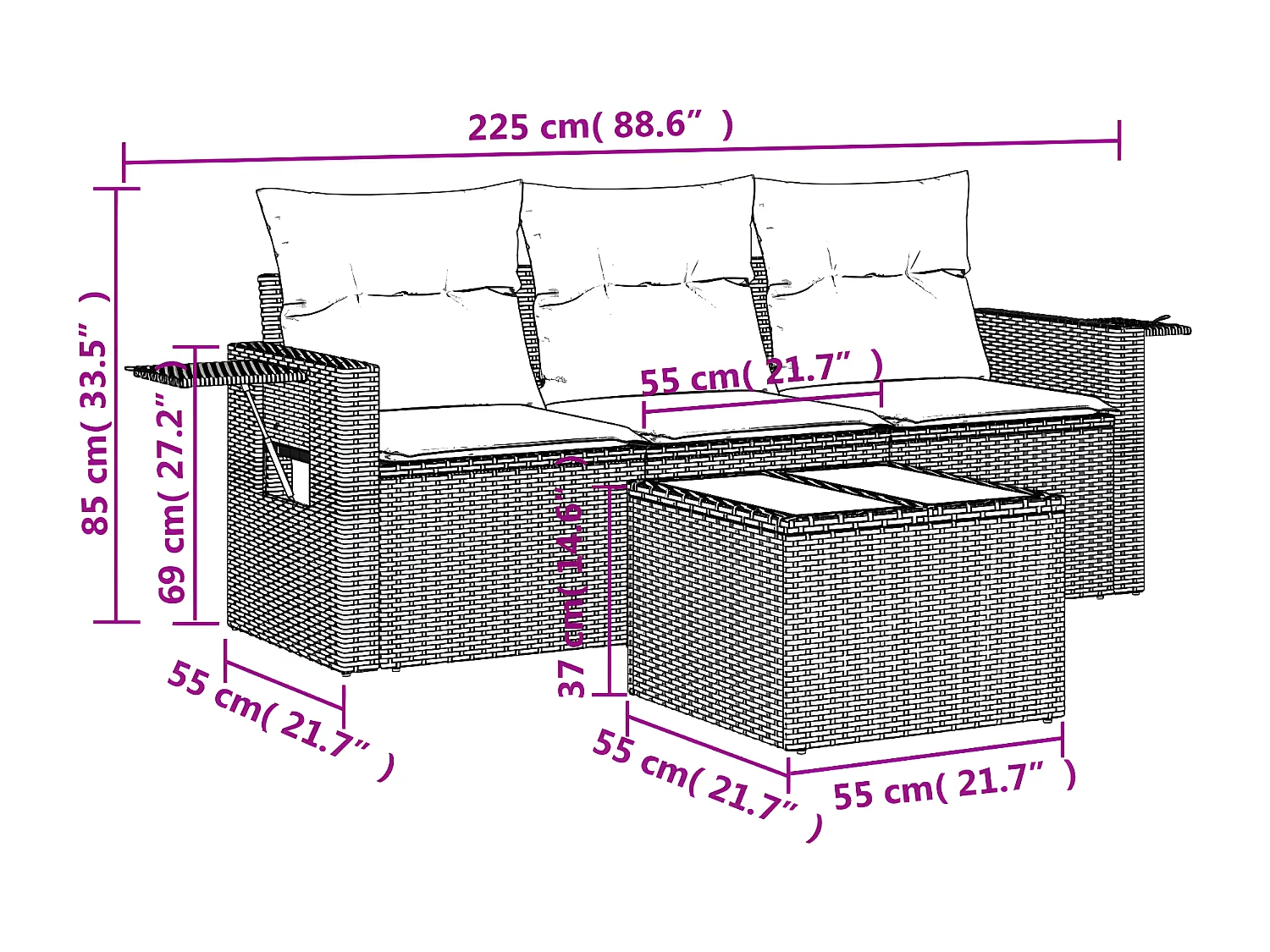 Salon de jardin 4 pcs avec coussins noir résine tressée