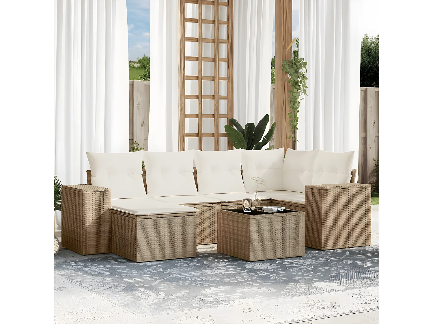 Salon de jardin avec coussins 7 pcs beige résine tressée