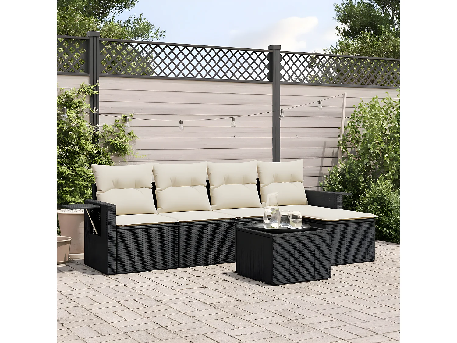 Salon de jardin 6 pcs avec coussins noir résine tressée