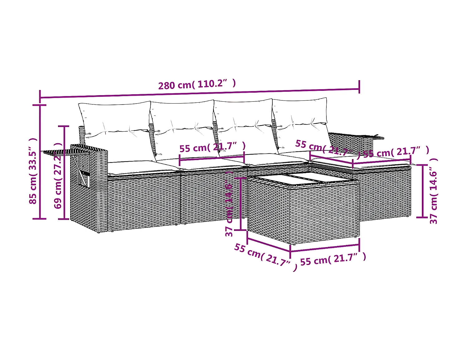 Salon de jardin 6 pcs avec coussins noir résine tressée