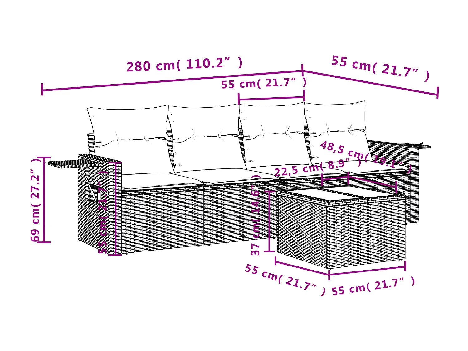 Salon de jardin 5 pcs avec coussins noir résine tressée