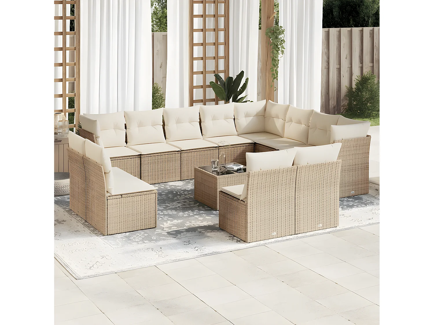Salon de jardin avec coussins 13 pcs beige résine tressée