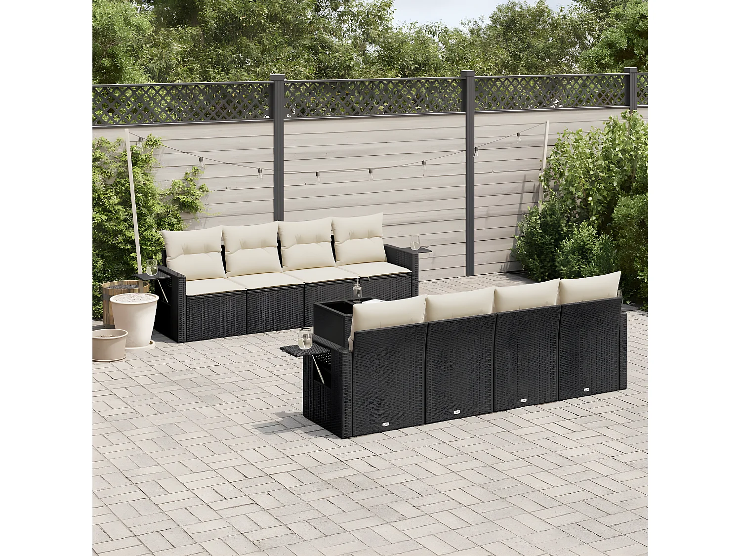 Salon de jardin 9 pcs avec coussins noir résine tressée