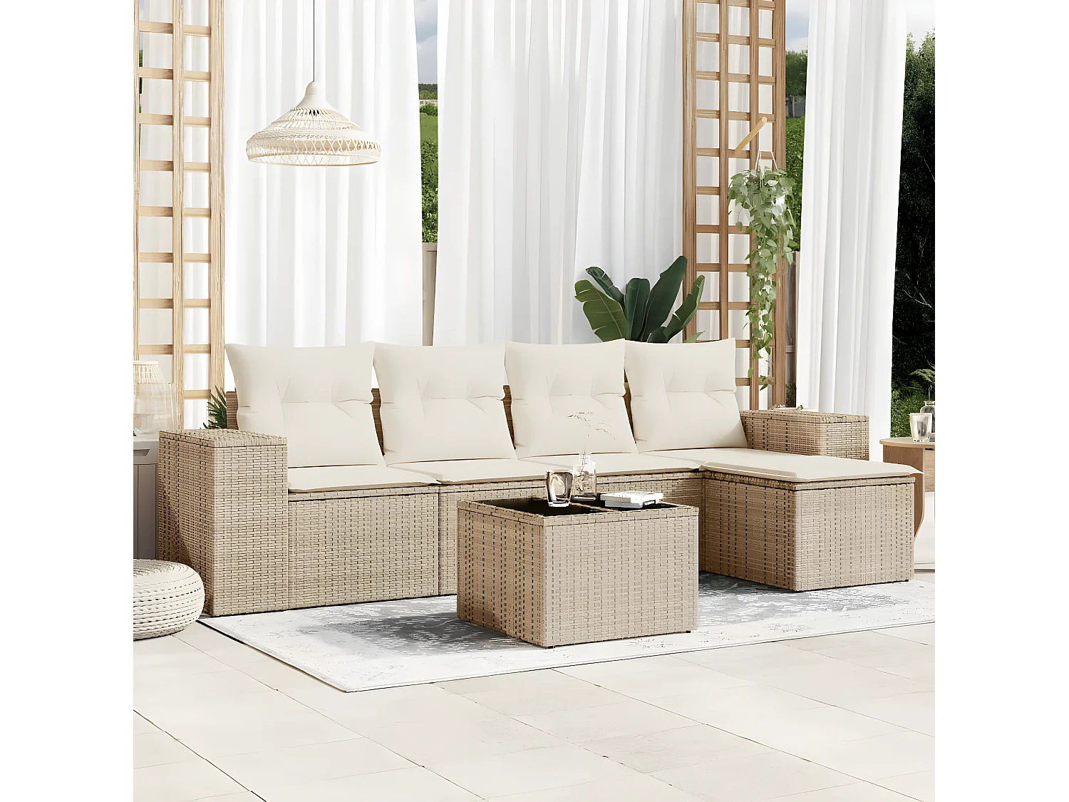 Salon de jardin avec coussins 6 pcs beige résine tressée