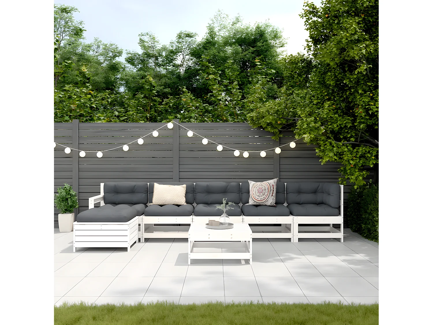 Salon de jardin 7 pcs Blanc Bois de pin massif