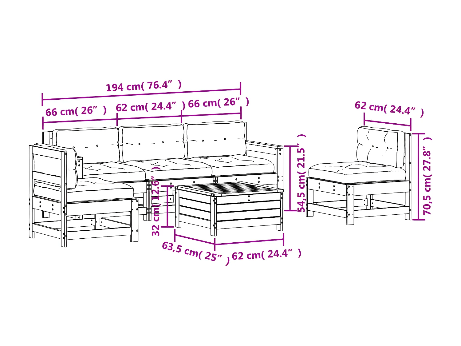 Salon de jardin 6 pcs avec coussins bois massif Douglas
