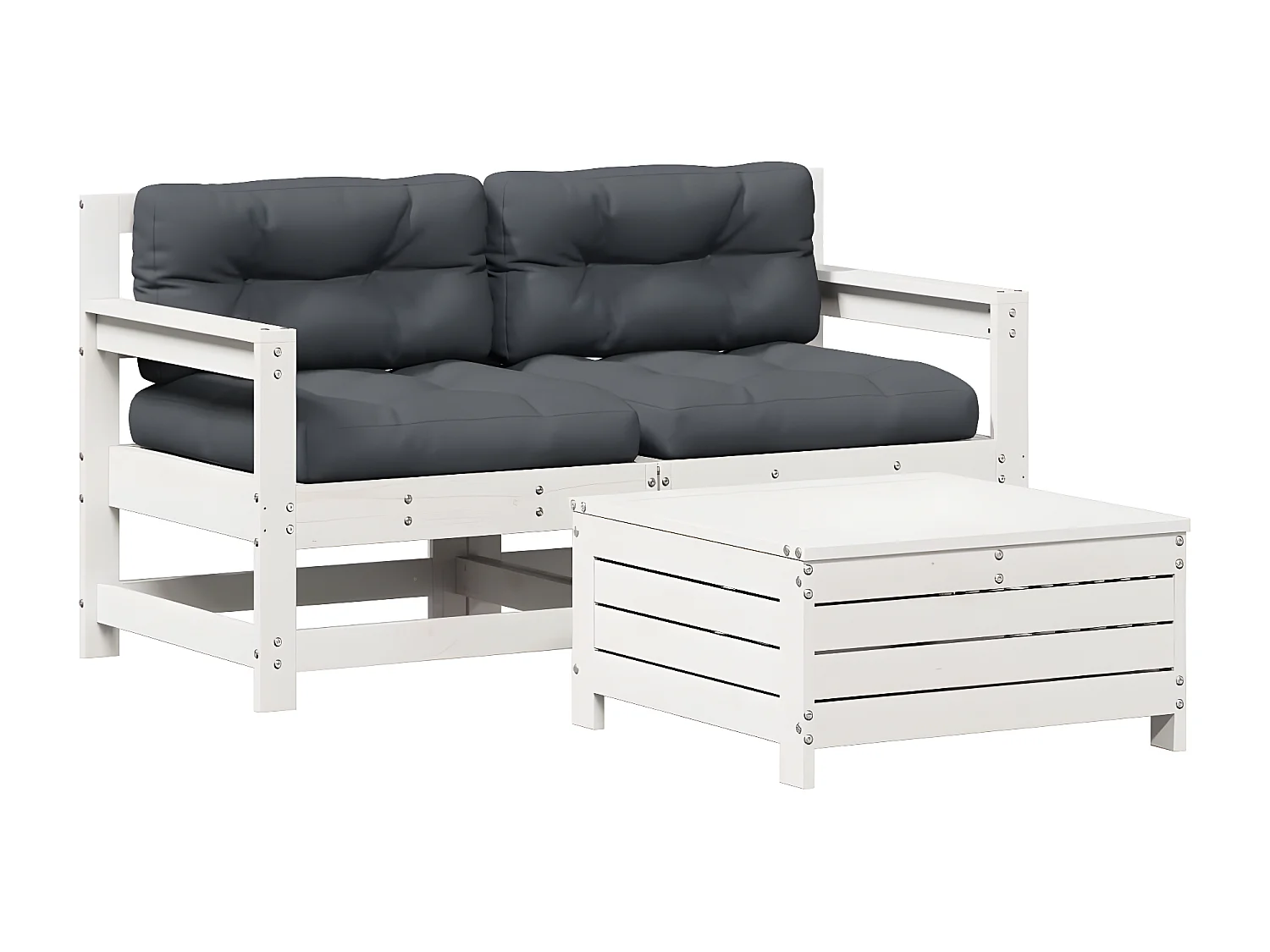 Salon de jardin 3 pcs avec coussins blanc bois de pin massif