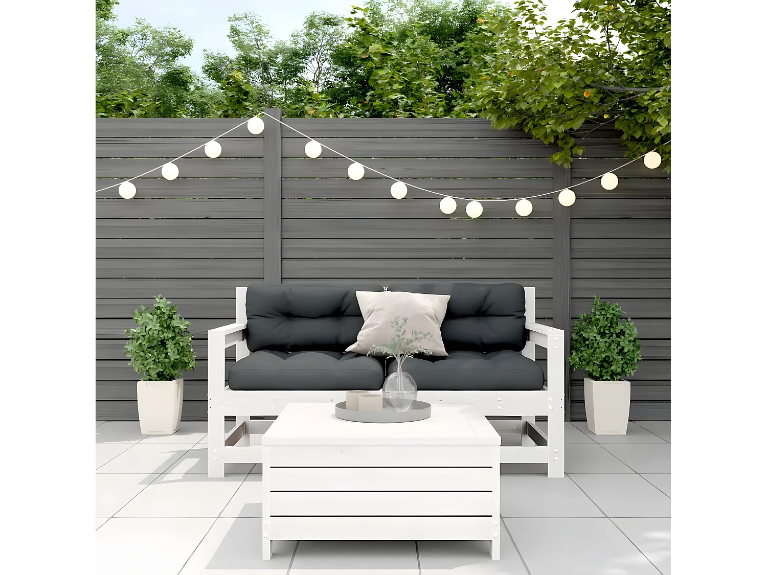 Salon de jardin 3 pcs avec coussins blanc bois de pin massif