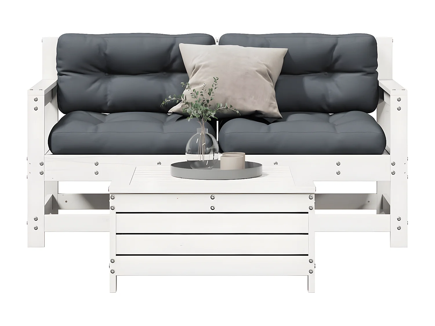 Salon de jardin 3 pcs avec coussins blanc bois de pin massif