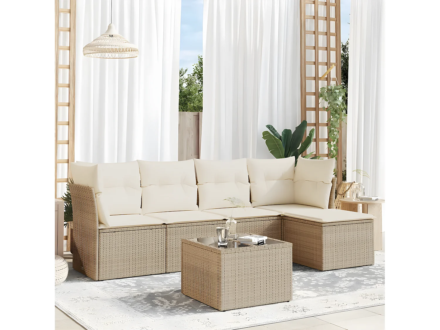 Salon de jardin avec coussins 6 pcs beige résine tressée