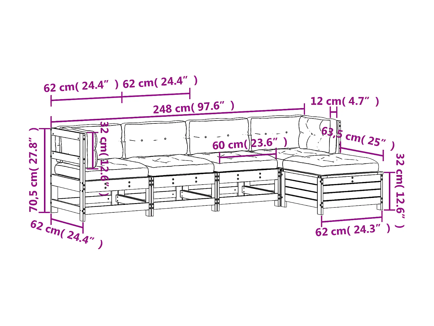 Salon de jardin 5 pcs avec coussins Bois de pin massif