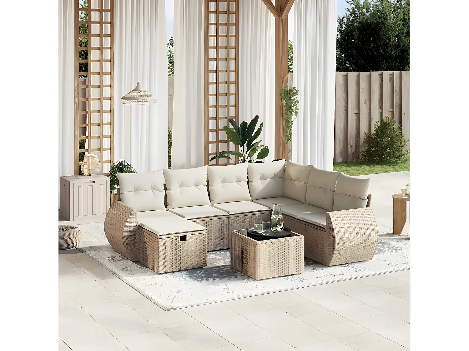 Salon de jardin avec coussins 8 pcs beige résine tressée