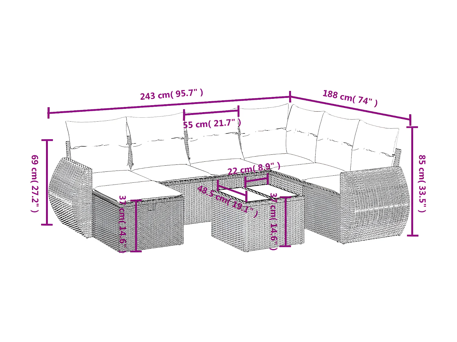 Salon de jardin avec coussins 8 pcs beige résine tressée