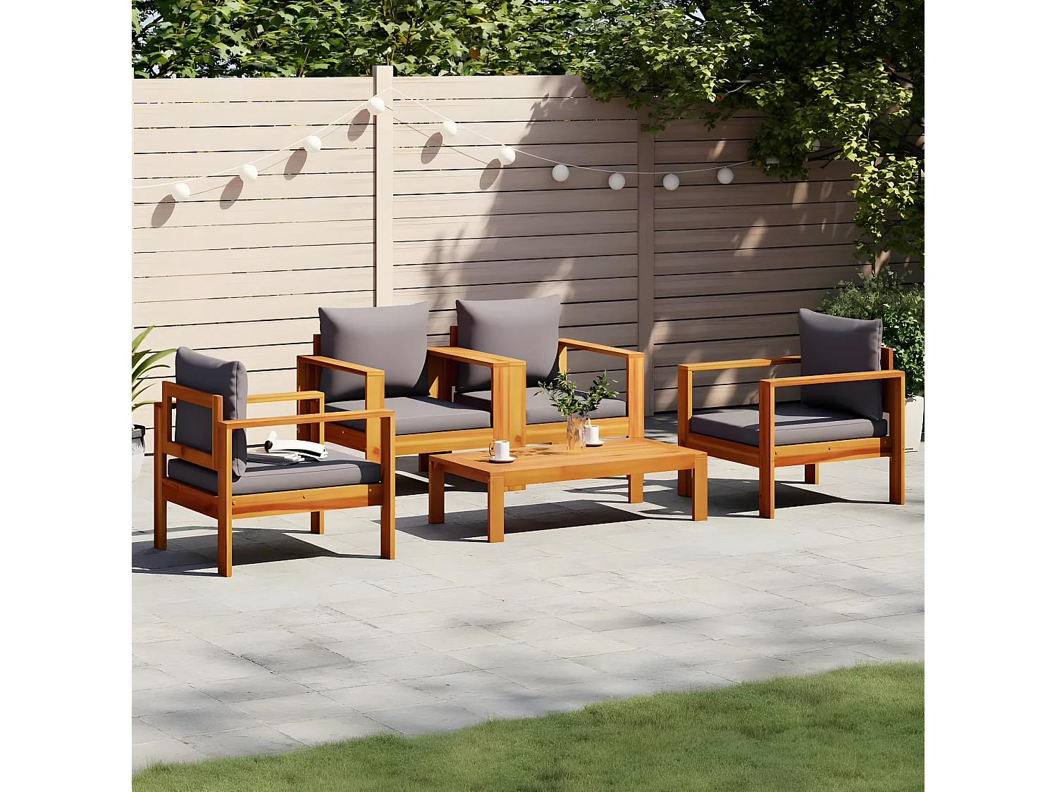 Salon de jardin avec coussins 5 pcs Bois d'acacia solide